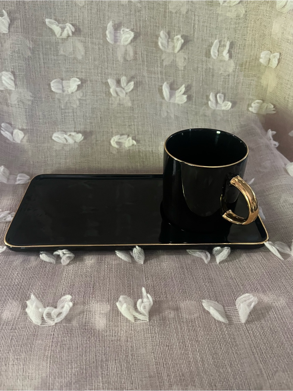 Black Ceramic Cup and matching Ceramic Tray Set with Gold Trim